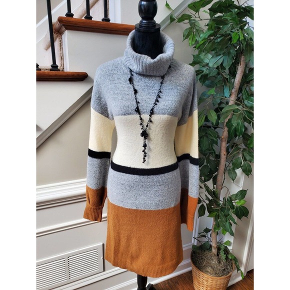 Hem & Thread Dresses & Skirts - Hem & Thread Women Multicolor Acrylic Cowl Neck Long Sleeve Knee Length Dress M